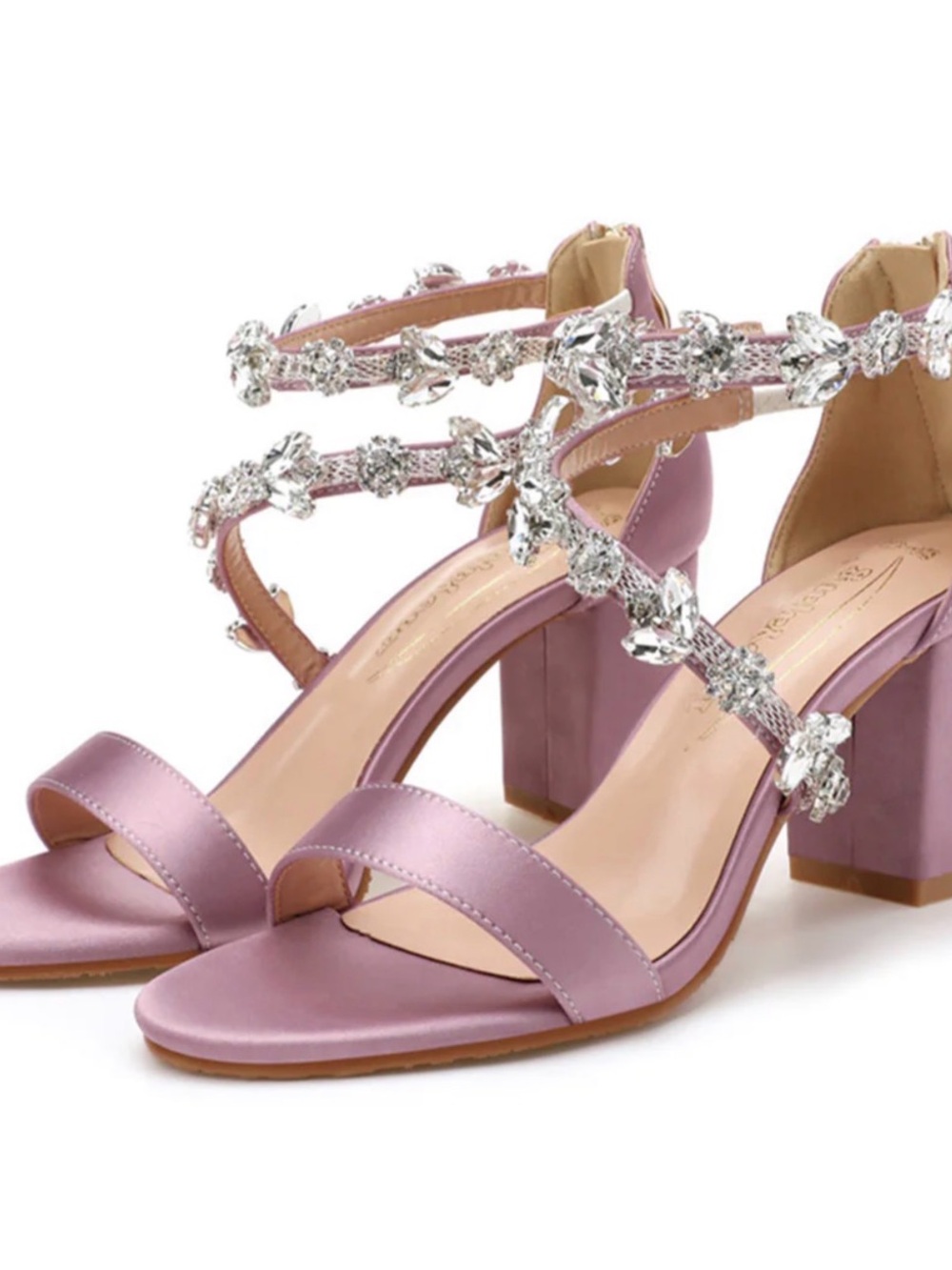 Lilac Satin Block Heel Sandals with Crystal-Ankle Straps - Picture 1 of 1